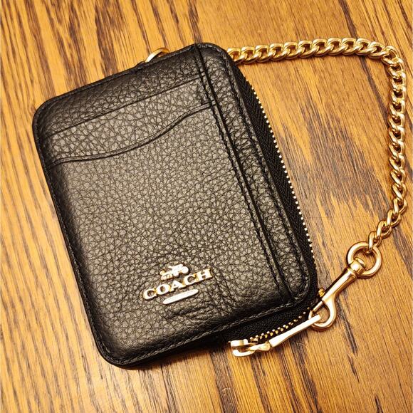 Coach Handbags - Coach 6303 Zip ID Case Wallet Black Pebble Leather Dogleash Gold Chain NWOT